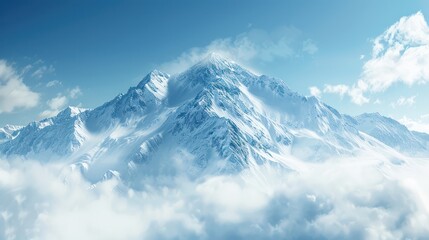 A majestic snow-covered mountain peak rising above the clouds under a clear blue sky. Perfect for nature, adventure, and travel themes.