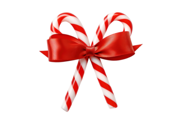 Festive Red And White Candy Canes Tied With A Lush Red Bow on a Clear PNG or White Background.