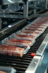 A conveyor belt with trays of meat on it, suitable for food, industry or business use