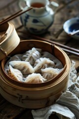 Fototapeta premium A traditional setting for serving Asian-style food, featuring a wooden bowl filled with steaming hot dumplings accompanied by pair of chopsticks