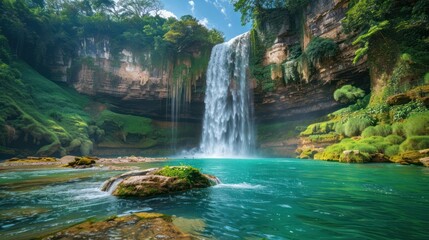 A stunning waterfall cascades into a turquoise pool surrounded by lush greenery, creating a serene and picturesque natural landscape. - Powered by Adobe