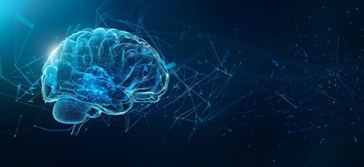 3D rendering of a brain with highlighted neural pathways and glowing connections, representing scientific themes such as brain function, neurology, and mental processes. 