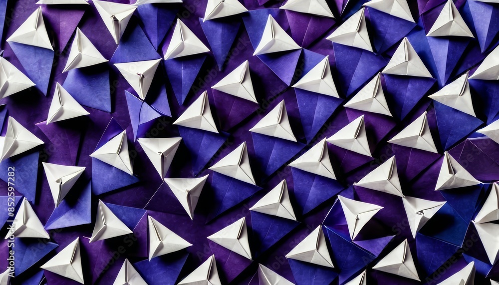 Aufkleber a visually captivating pattern of white and purple paper pyramids arranged in a dense, overlapping l