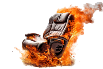 An Office Chair Consumed by Flames in a Fiery Inferno on a Clear PNG or White Background.