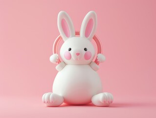 Fototapeta premium Cute bunny figurine with pink headphones on a pastel pink background, perfect for children's decor or Easter-themed designs.