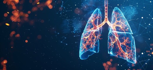 3D rendering of lungs showing detailed airways and glowing connections, representing themes of respiratory system, medical research, and lung anatomy. The illustration features a dark blue background 