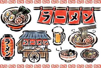 ラーメン屋さんセット①　ラーメン・暖簾・提灯・屋台・ビール