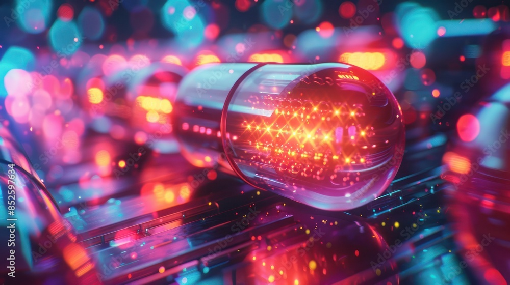 Poster abstract close-up of a futuristic microchip with glowing lights, representing advanced technology an