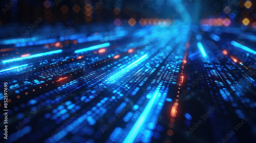 Poster abstract digital data stream with blue and orange lights representing fast internet technology, netw