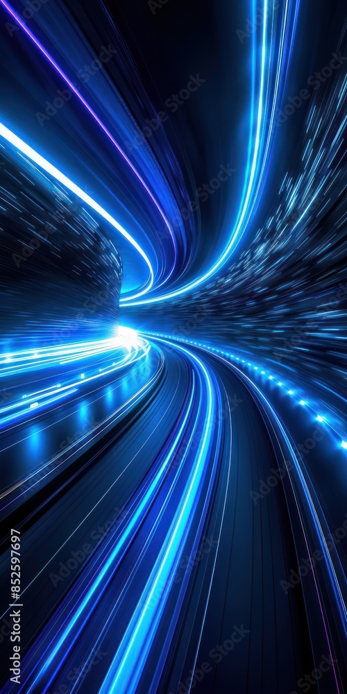 Poster abstract digital blue light streaks creating a high-speed motion effect in a futuristic tunnel, conv