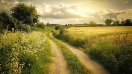 Obraz premium A rural path meandering through summer agricultural fields