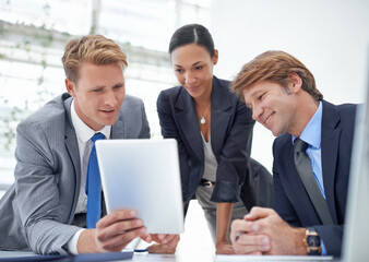 Business people, tablet and research for project in office, collaboration and unity for proposal. Coworkers, workplace and teamwork for reading a report, support and online for info and networking