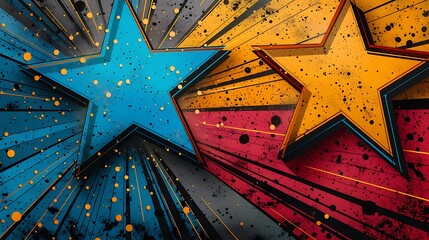 Retro comic book style stars with bright bursts of color, featuring vivid reds, yellows, and blues. The design includes thick black outlines and halftone shading.