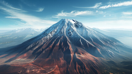 Fototapeta premium Volcanic mountain displaying contrasting terrain of snowy peaks and rocky slopes under a partly cloudy sky.