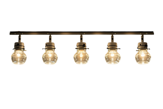 Five Gleaming Glass Globes On A Modern Track Light Fixture on a Clear PNG or White Background.