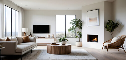 Modern living room with a fireplace, large windows, and a neutral color palette, creating a warm and inviting atmosphere