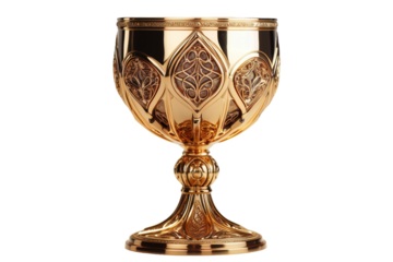 A Gilded Chalice With Intricate Ornate Detailing Reflects Light on a Clear PNG or White Background.