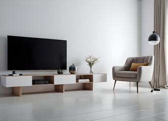 Modern living room with a large television on a wooden cabinet, an elegant armchair, and a window with curtains