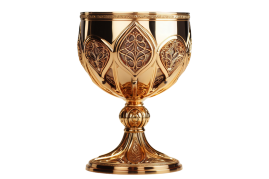 A Gilded Chalice With Intricate Ornate Detailing Reflects Light on a Clear PNG or White Background.
