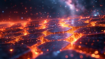 Obraz premium A 3D render of floating octagons in a virtual space environment, with soft glowing edges. The background features a starry cosmos with distant galaxies and nebulae, adding depth and a futuristic feel.