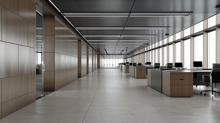 Obraz premium Modern open-plan office with large windows and sleek furniture.