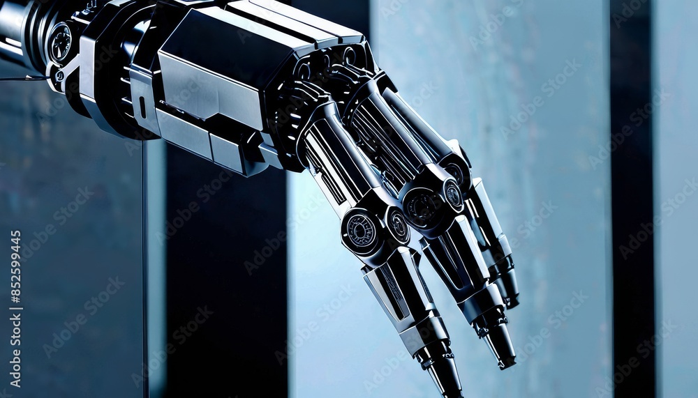 Poster a detailed close-up of a sleek robotic hand showcasing intricate mechanical components. the metallic