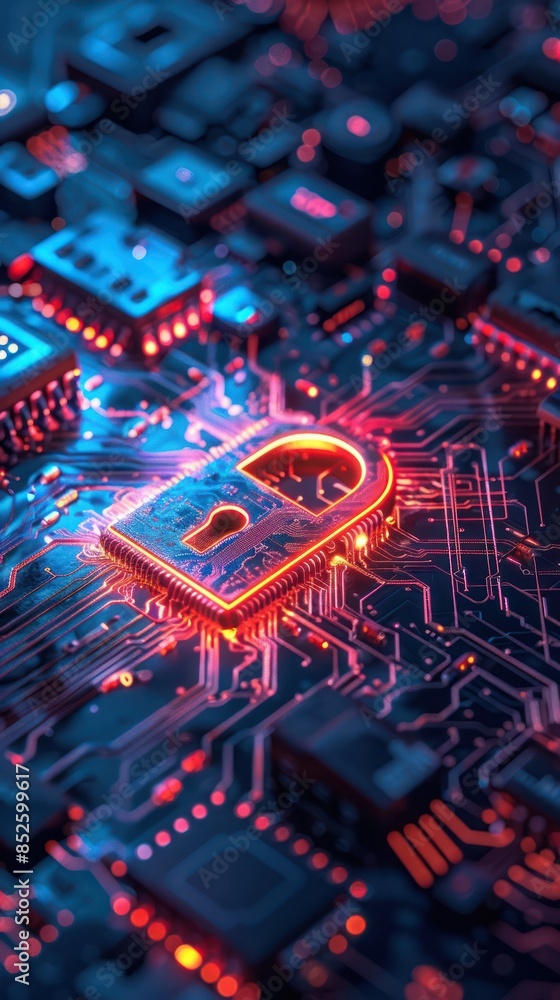 Poster close-up of a digital circuit board with a glowing lock symbol, representing cybersecurity and data 
