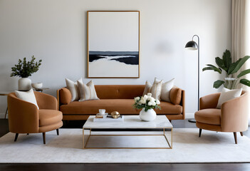 Simplistic living room with a brown sofa and two armchairs bathed in natural light