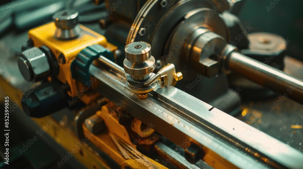 Poster a close-up view of a machine operating, suitable for use in industrial or technical contexts