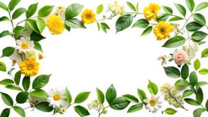 leaves and flowers framed on a transparent background.