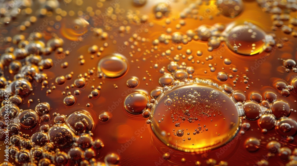 Poster close-up of bubbles in a golden liquid, creating a mesmerizing abstract pattern with warm tones and 