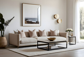 Modern minimalist living room showing a comfortable sofa, coffee table and large framed print