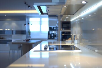 Obraz premium A kitchen with modern appliances including a stove top oven and a sink