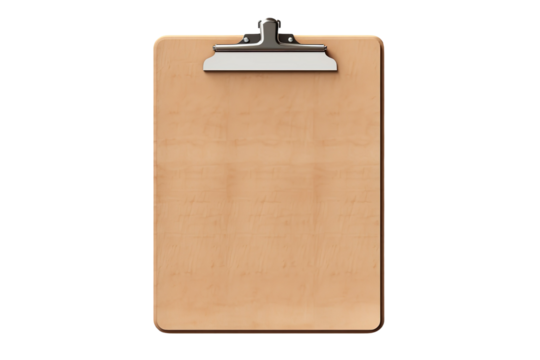 Awaiting Inspiration: A Tan Clipboard With A Silver Clip In A White Studio on a Clear PNG or White Background.
