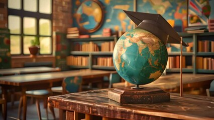 A globe wearing a graduation cap sits on a rustic wooden desk in a classroom setting, symbolizing the concept of global education and the pursuit of knowledge worldwide.