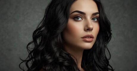 Naklejka premium Long wavy black-haired woman, beauty and makeup theme.