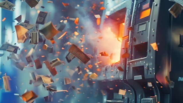 An ATM machine explodes, sending cash and debris flying in a dramatic scene that symbolizes financial chaos, crime, or unexpected loss.