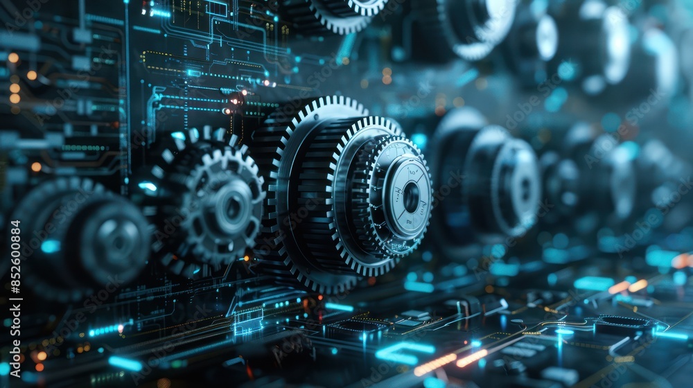 Poster close-up view of interconnected gears and electronic circuits in a high-tech industrial setting, sym