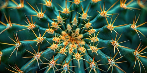 Close-up view of a cactus showing its detailed sharp spines in a symmetrical pattern. Perfect for nature and botanical themes.