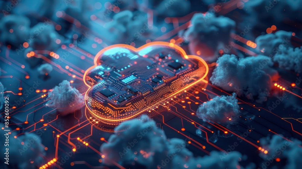 Poster conceptual image depicting cloud computing with integrated circuit board and glowing connections amo
