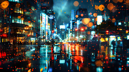 Vibrant city night scene with illuminated skyscrapers, neon lights, and reflections on wet streets. Energetic urban atmosphere after rain.