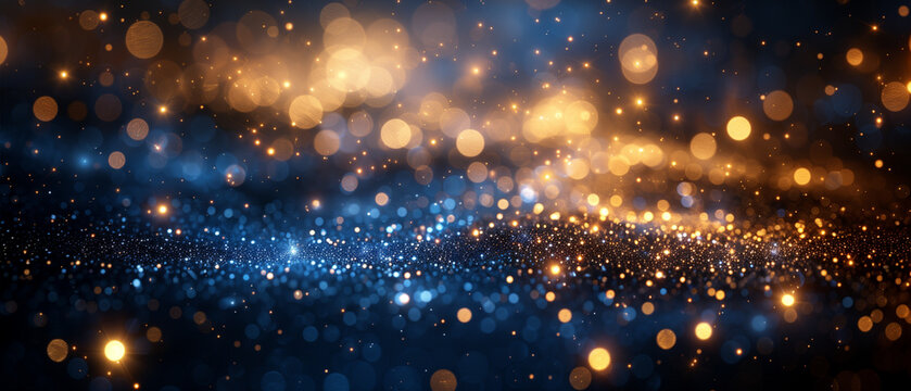 An abstract blue golden background with dark blue and gold particles, Christmas golden light shine particles bokeh on navy blue background, gold foil texture, holiday concept, 4K, 7:3