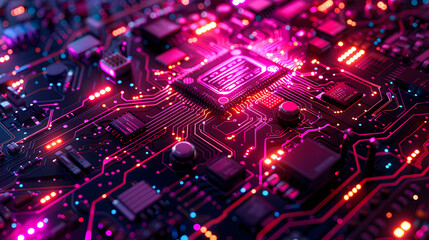 Fototapeta premium Close-up of a glowing computer motherboard circuit with vibrant neon lights, highlighting intricate electronic components.