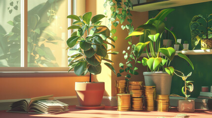 Indoor plants on a table with stacks of gold coins, creating a scene of growth and prosperity in natural light.