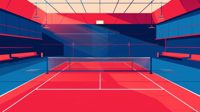 Vector illustration of an indoor badminton court with vibrant red and blue colors, perfect for sports-themed designs and backgrounds. Olympic sport game concept.