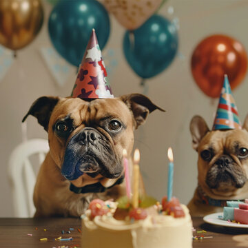 Close-up portrait of buldogs celebrating its birthday with a cake with candles.