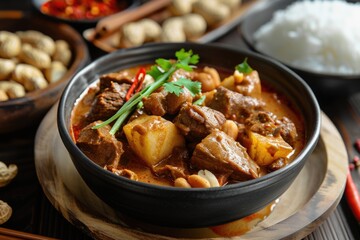 A bowl filled with various meats and vegetables served alongside a plate of rice