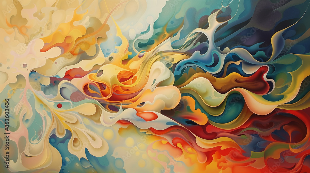 Poster a mesmerizing canvas showing everyday items transforming into abstract figures and vivid colors, cap
