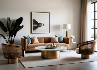 Fototapeta premium Contemporary living room interior featuring a cozy sofa, rattan armchairs, and elegant gold accents for a welcoming ambiance
