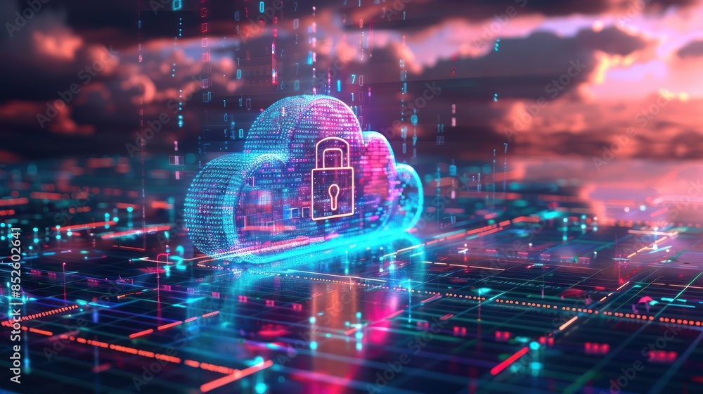 Poster futuristic digital cloud with a security lock symbol, representing cloud security and data protectio